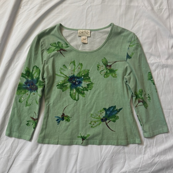 Vintage Cache Blue Green Floral Embellished Top – Beaded & Sequined, Long Sleeve - Picture 1 of 13